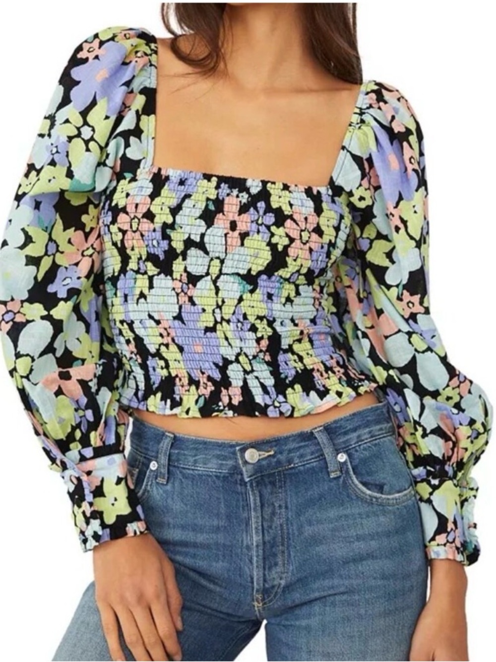 Free People Floral Ariana Smocked Bodice Puff Sleeve Top